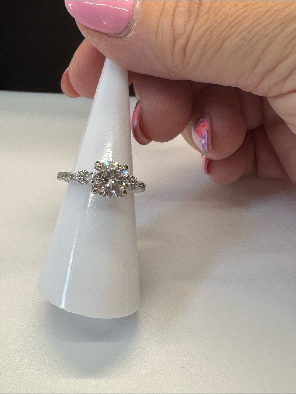 Round-Cut Moissanite solitaire Engagement Ring in Silver with Side Stones-size 7